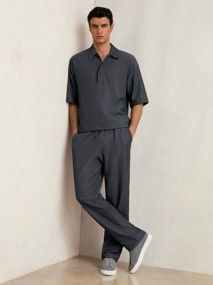 Oversized Textured Stripe Polo Shirt in Petrol Blue | Reiss Men Trending
