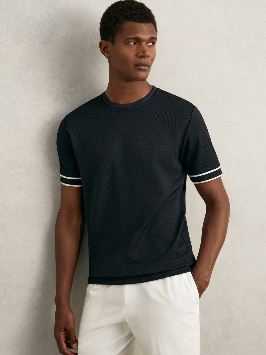 Textured Crew-Neck Tipped T-Shirt in Navy Blue | Reiss Men Featured