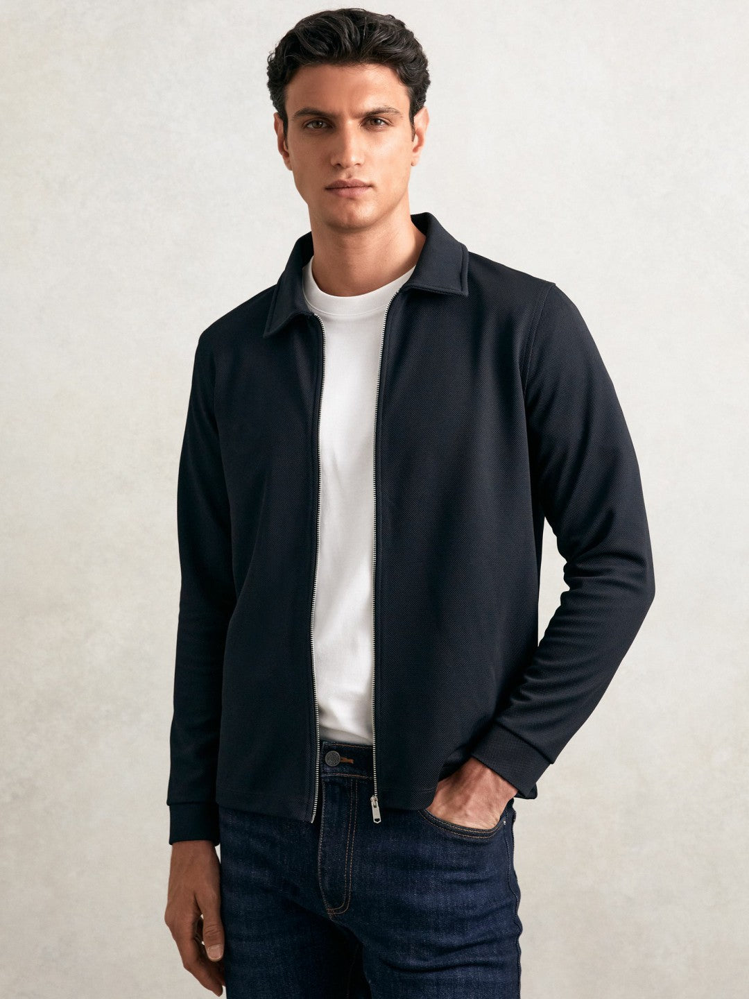 Textured Zip Through Overshirt in Navy | Reiss Men Exclusive
