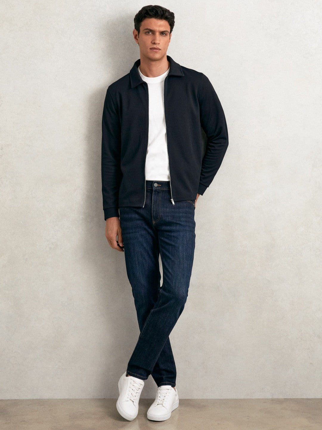 Textured Zip Through Overshirt in Navy | Reiss Men Exclusive