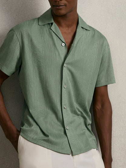 Jacquard-Stripe Cuban-Collar Shirt in Mint Green | Reiss Men Exclusive