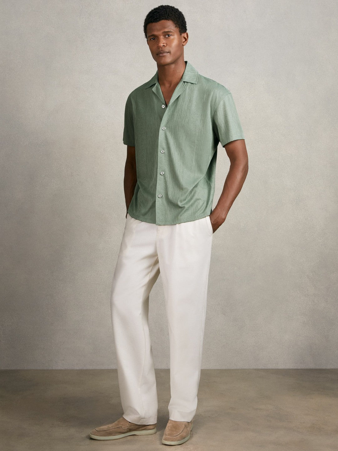 Jacquard-Stripe Cuban-Collar Shirt in Mint Green | Reiss Men Exclusive