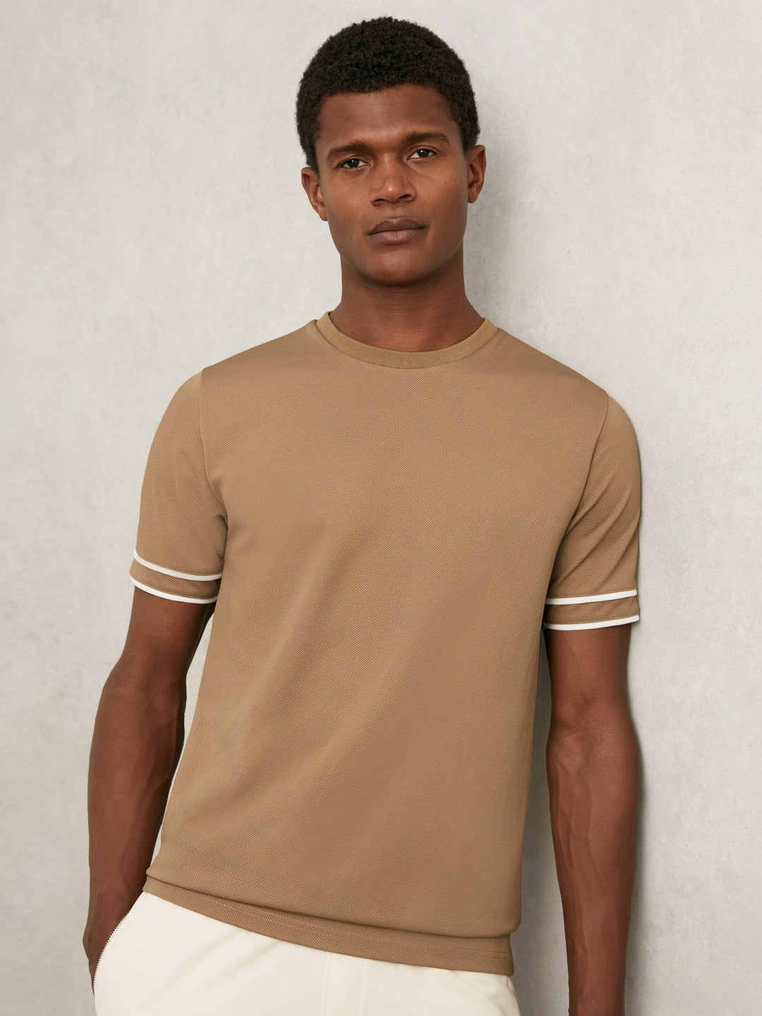 Textured Crew-Neck Tipped T-Shirt in Camel Brown | Reiss Men Popular