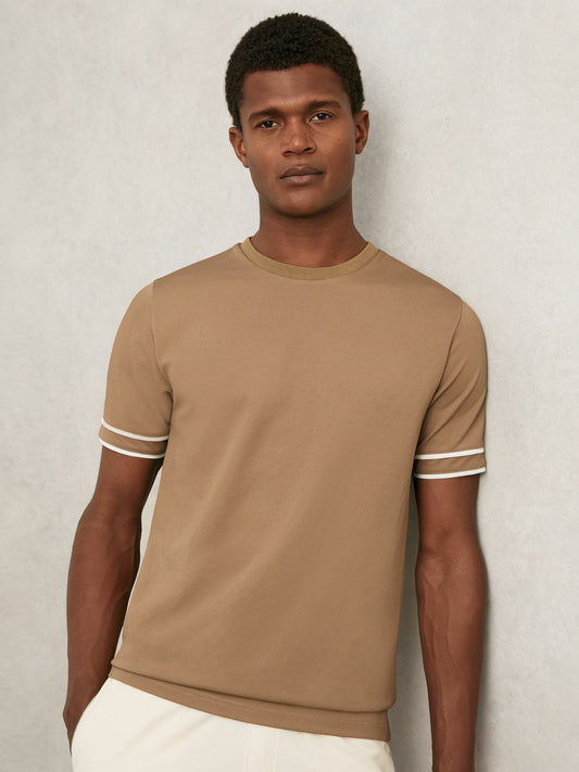Textured Crew-Neck Tipped T-Shirt in Camel Brown | Reiss Men Popular