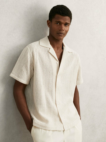 Cotton-Blend Crochet Shirt in Off White | Reiss Men Recommended