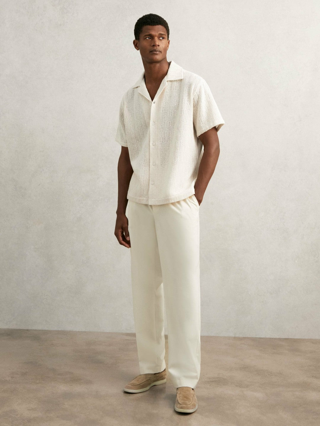 Cotton-Blend Crochet Shirt in Off White | Reiss Men Recommended