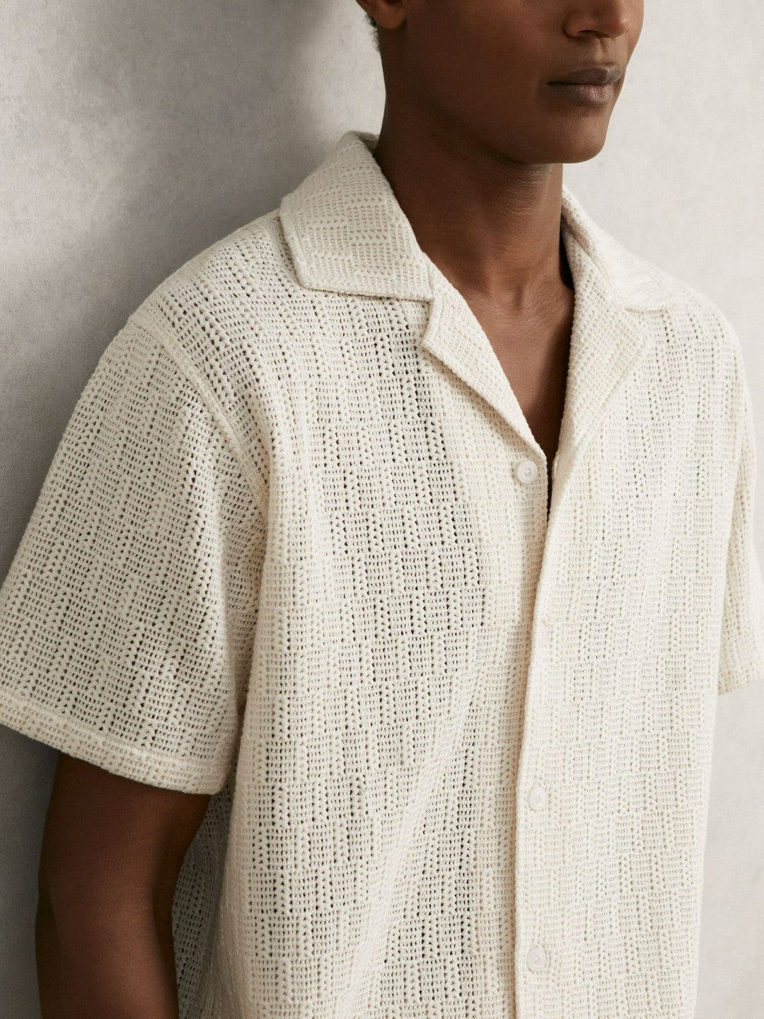 Cotton-Blend Crochet Shirt in Off White | Reiss Men Recommended