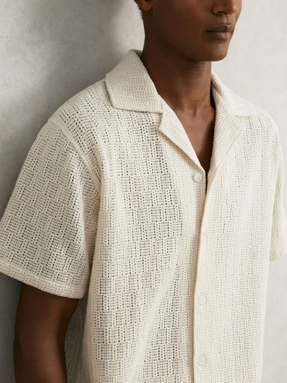 Cotton-Blend Crochet Shirt in Off White | Reiss Men Recommended
