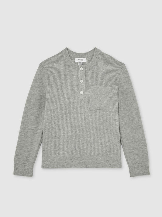 13-14 yrs Cotton-Blend Rib-Knit Henley Top in Mid Grey Melange | Reiss Children & Baby Exclusive