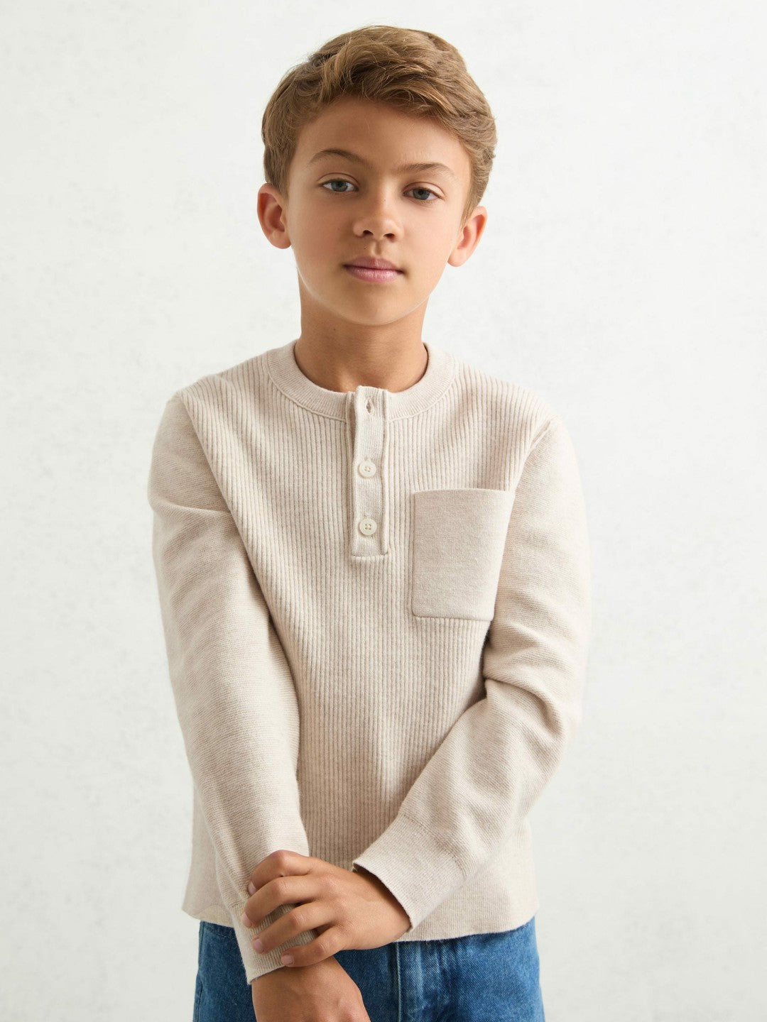 9-13 yrs Cotton-Blend Rib-Knit Henley Top in Oatmeal Melange | Reiss Children & Baby Recommended