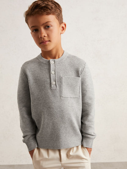 9-13 yrs Cotton-Blend Rib-Knit Henley Top in Mid Grey Melange | Reiss Children & Baby Featured