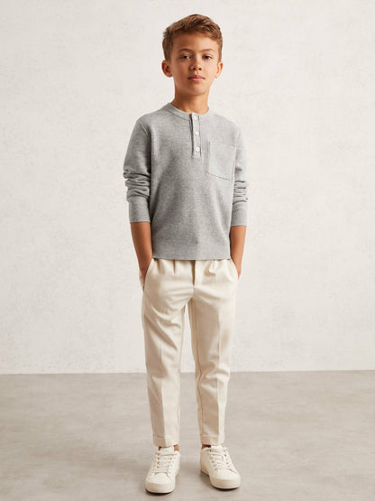 3-9 yrs Cotton-Blend Rib-Knit Henley Top in Mid Grey Melange | Reiss Children & Baby Best Seller