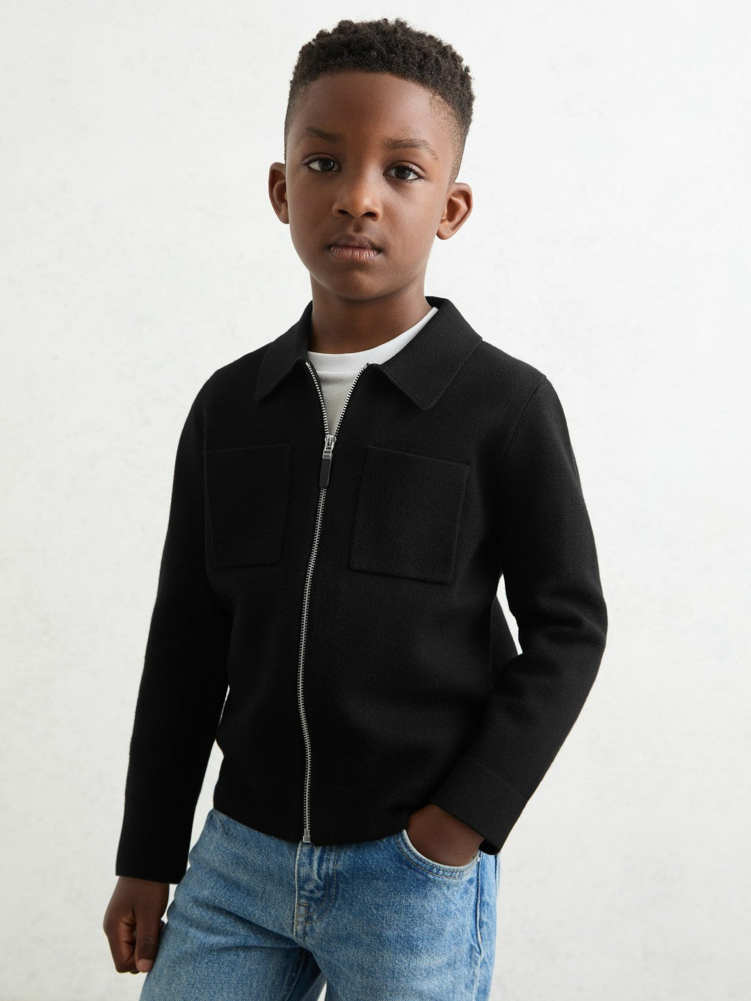 13-14 yrs Knitted Zip-Through Cardigan in Black | Reiss Children & Baby Exclusive