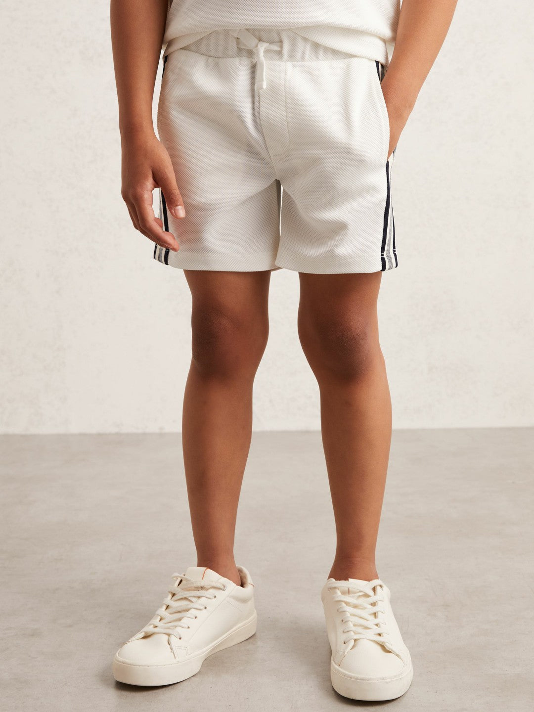 9-13 yrs Side Stripe Textured Shorts in White | Reiss Children & Baby Exclusive