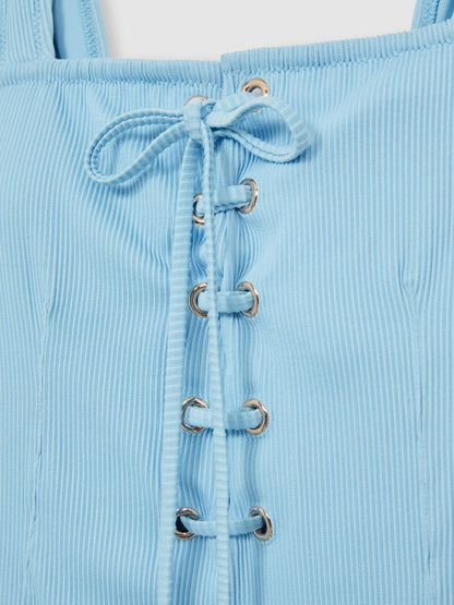 Ribbed Lace-Up Swimsuit in Blue | Reiss Women Recommended