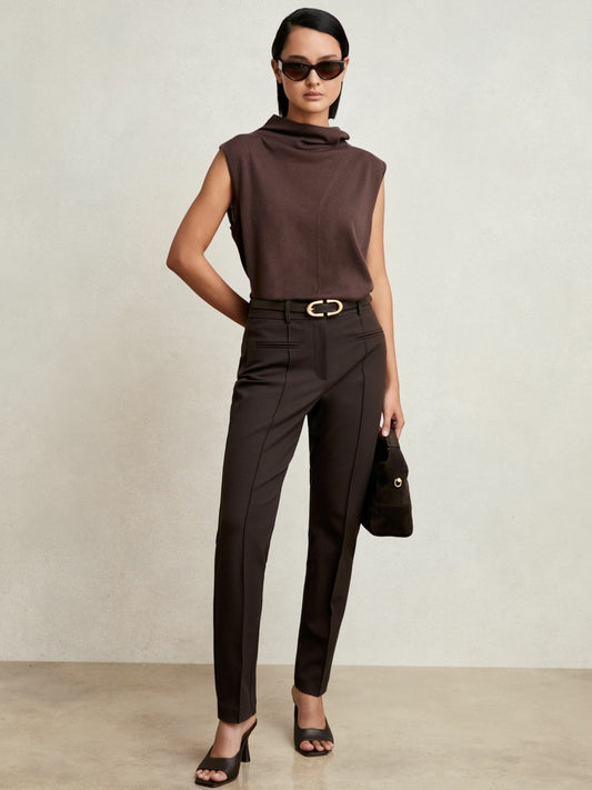 Petite Pintuck Tapered Trousers in Chocolate Brown | Reiss Women New