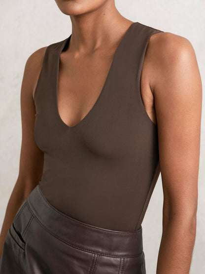 V-Neck Sleeveless Bodysuit in Chocolate Brown | Reiss Women Popular