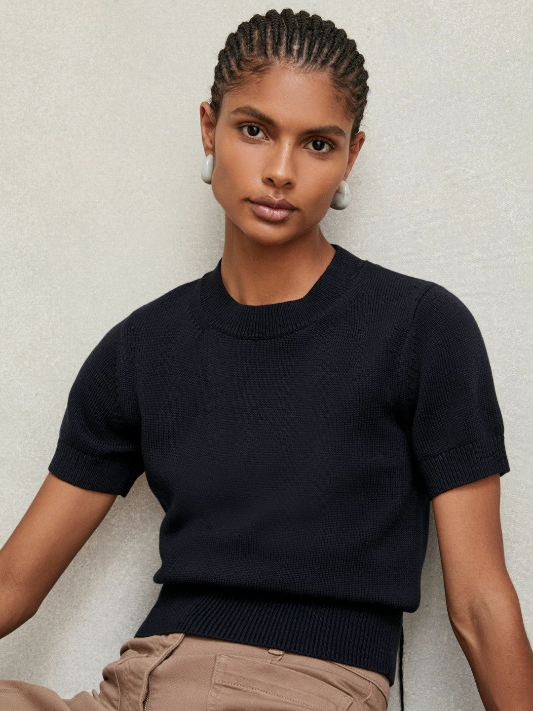 Cotton And Wool Crew-Neck Top in Navy | Reiss Women Signature