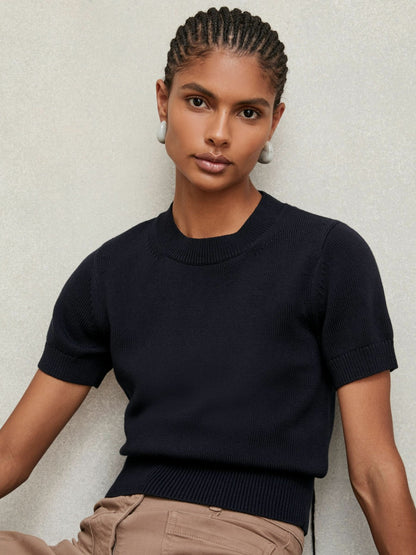 Cotton And Wool Crew-Neck Top in Navy | Reiss Women Signature