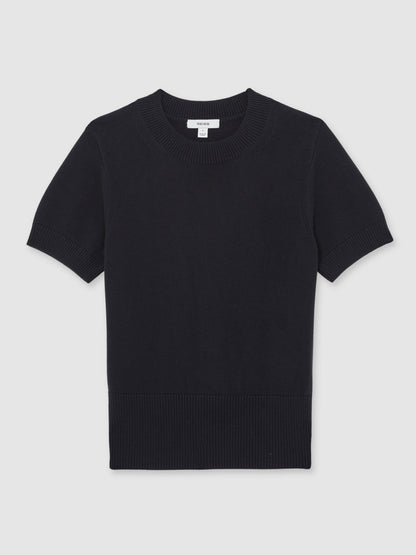 Cotton And Wool Crew-Neck Top in Navy | Reiss Women Signature