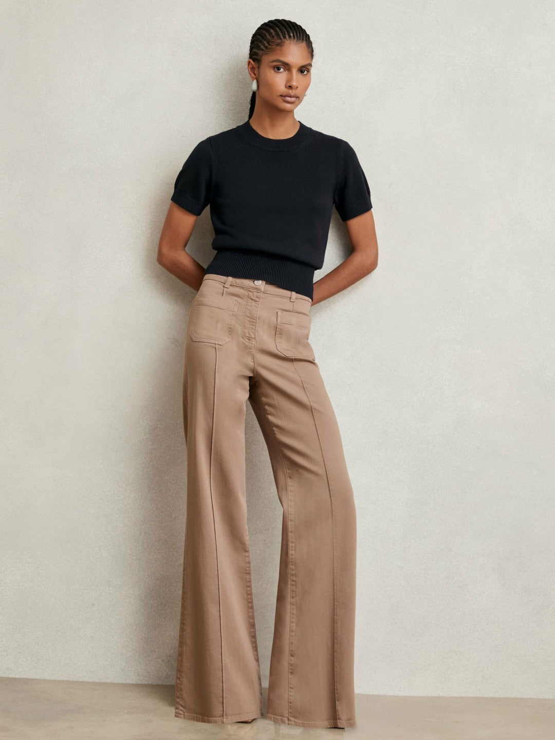 Cotton And Wool Crew-Neck Top in Navy | Reiss Women Signature