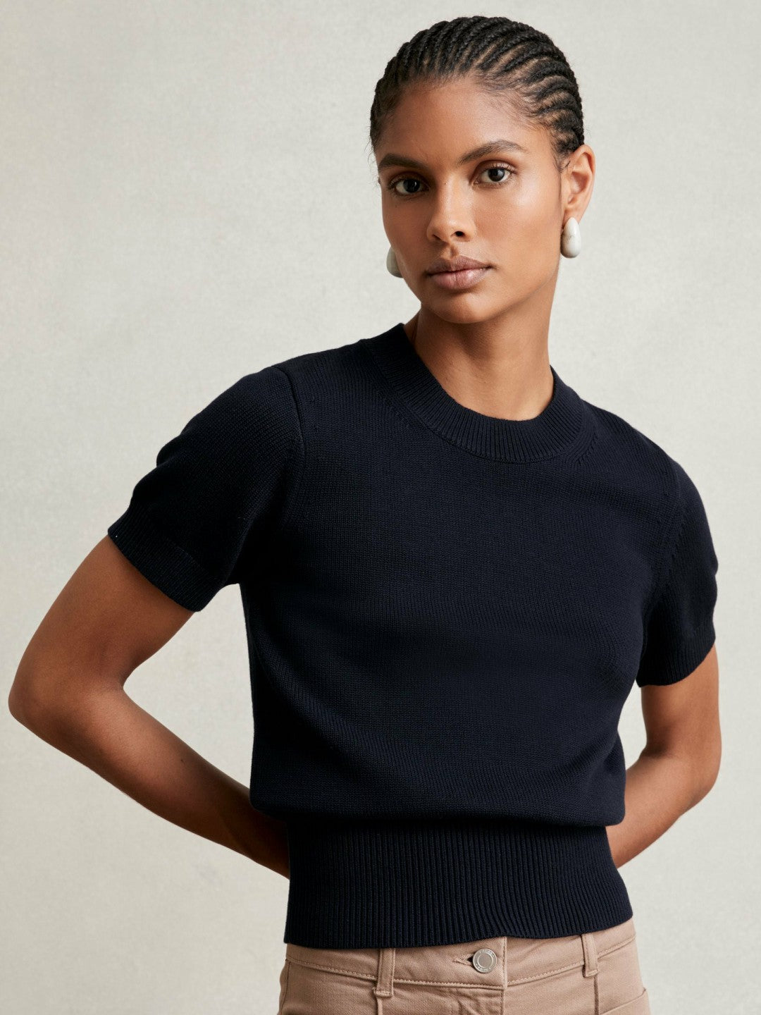 Cotton And Wool Crew-Neck Top in Navy | Reiss Women Signature