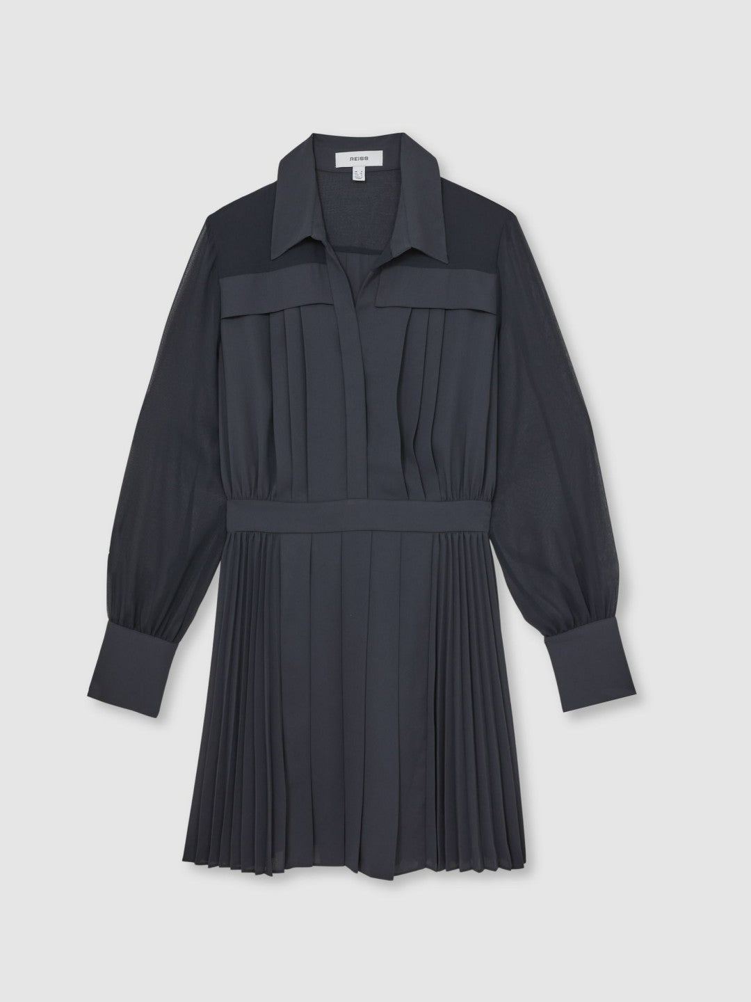 Pleated Sheer-Sleeve Mini Dress in Navy | Reiss Women New
