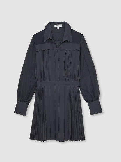 Pleated Sheer-Sleeve Mini Dress in Navy | Reiss Women New