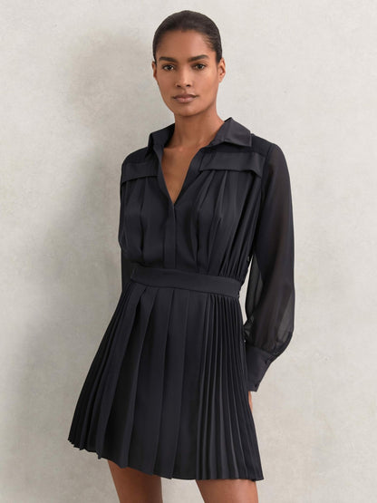 Pleated Sheer-Sleeve Mini Dress in Navy | Reiss Women New