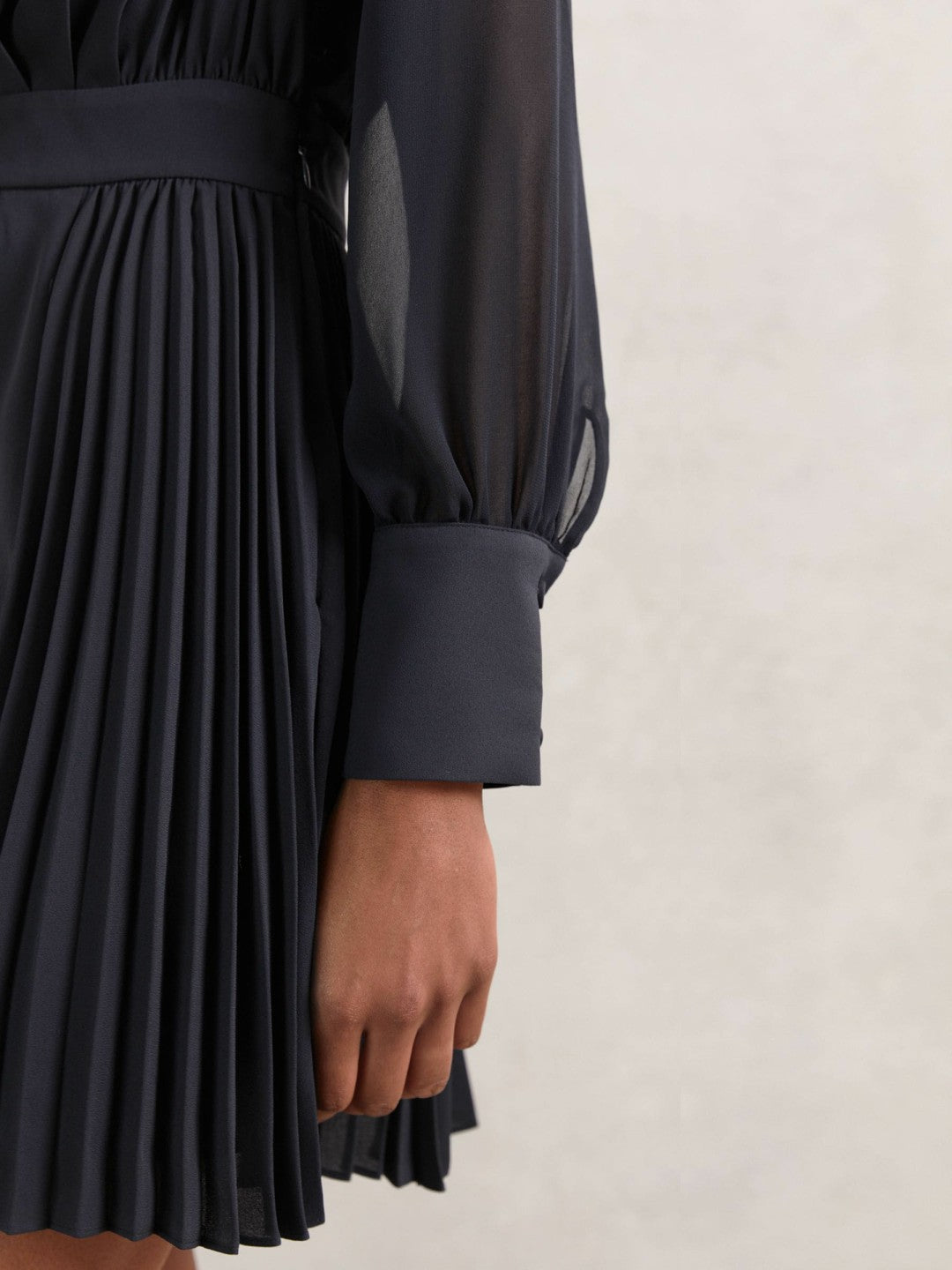 Pleated Sheer-Sleeve Mini Dress in Navy | Reiss Women New
