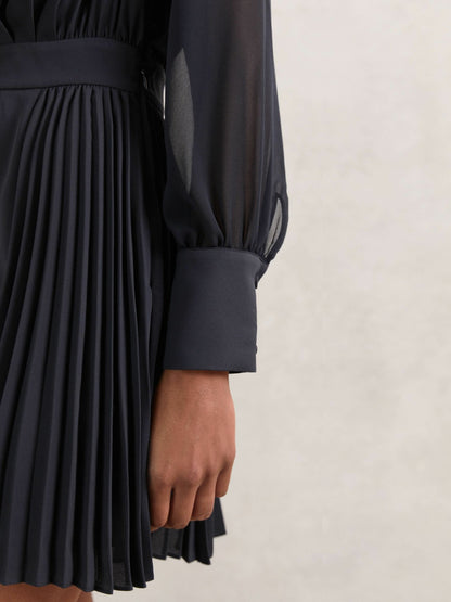 Pleated Sheer-Sleeve Mini Dress in Navy | Reiss Women New