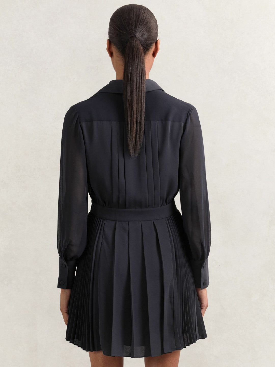Pleated Sheer-Sleeve Mini Dress in Navy | Reiss Women New