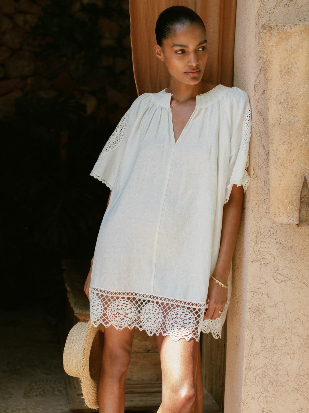 Linen Embroidered Shift Dress in Ivory | Reiss Women Premium