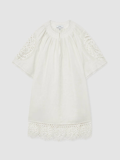 Linen Embroidered Shift Dress in Ivory | Reiss Women Premium