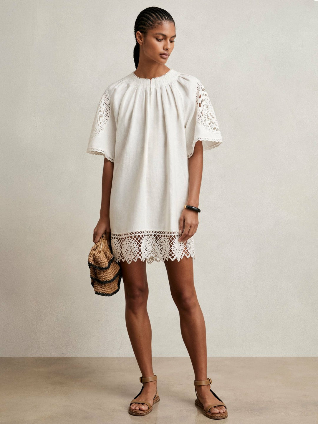 Linen Embroidered Shift Dress in Ivory | Reiss Women Premium
