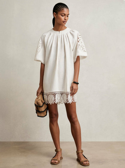 Linen Embroidered Shift Dress in Ivory | Reiss Women Premium