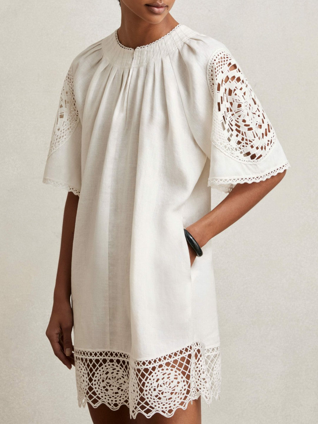 Linen Embroidered Shift Dress in Ivory | Reiss Women Premium