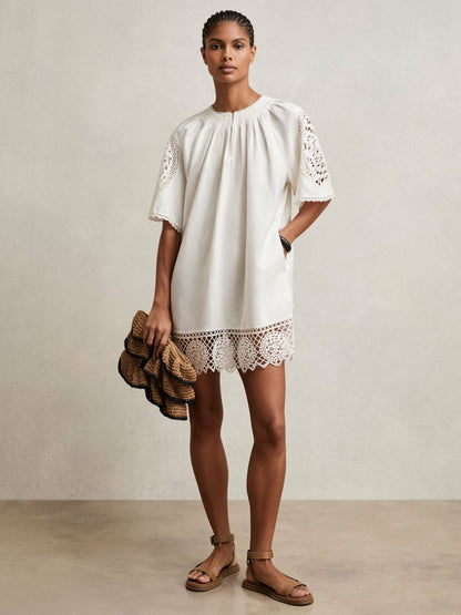 Linen Embroidered Shift Dress in Ivory | Reiss Women Premium