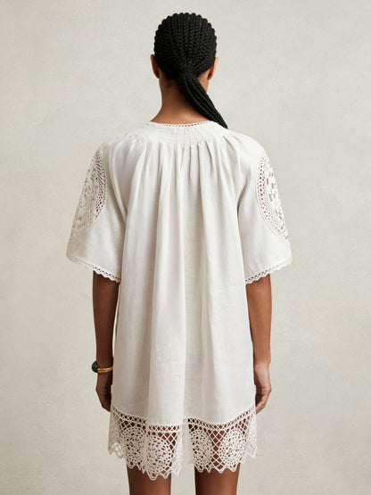 Linen Embroidered Shift Dress in Ivory | Reiss Women Premium