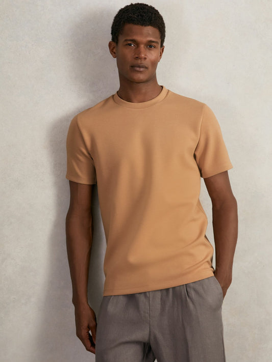 Interlock Jersey Crew Neck T-Shirt in Light Camel Brown | Reiss Men Signature