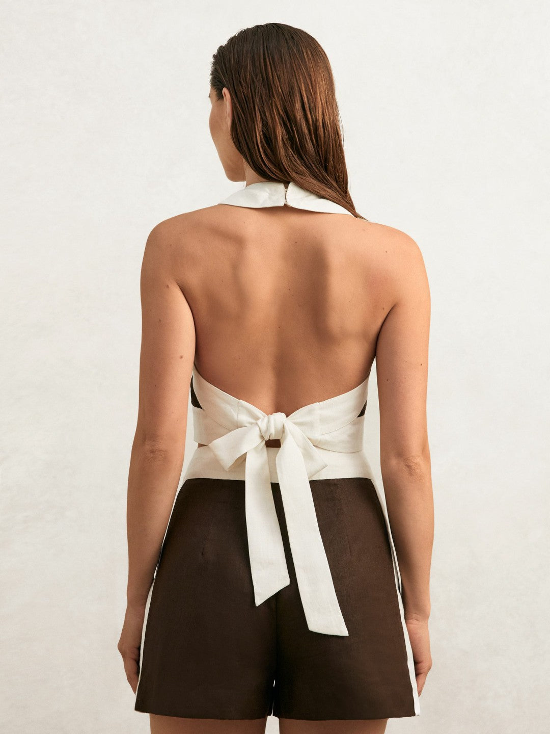 Linen Halterneck Cropped Top in Chocolate/Cream | Reiss Women Recommended