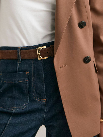 Suede Square Buckle Belt in Chocolate | Reiss Women Recommended