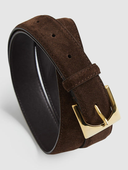 Suede Square Buckle Belt in Chocolate | Reiss Women Recommended