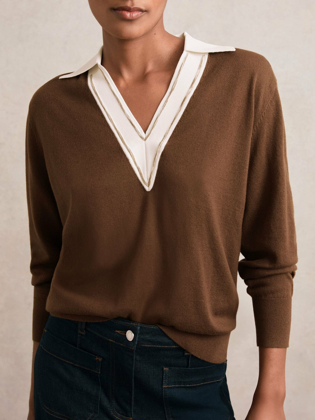 Wool Collared Cricket Jumper in Chocolate Brown/Ivory | Reiss Women Recommended