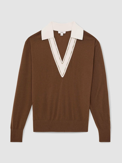 Wool Collared Cricket Jumper in Chocolate Brown/Ivory | Reiss Women Recommended