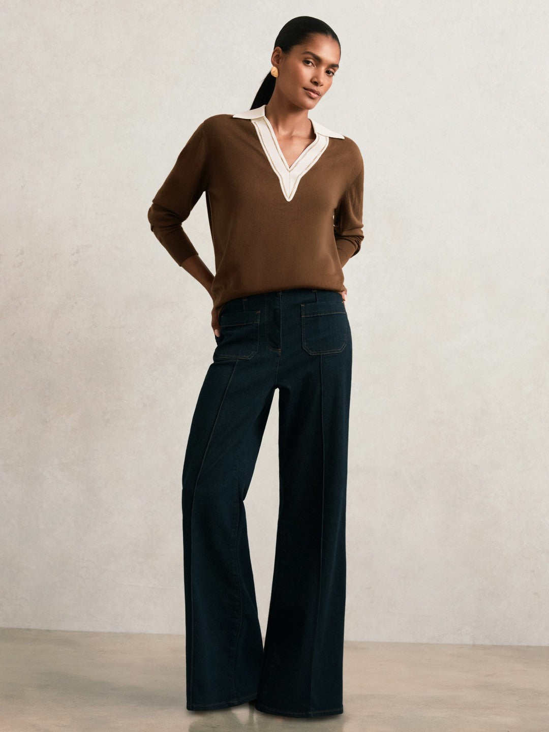 Wool Collared Cricket Jumper in Chocolate Brown/Ivory | Reiss Women Recommended