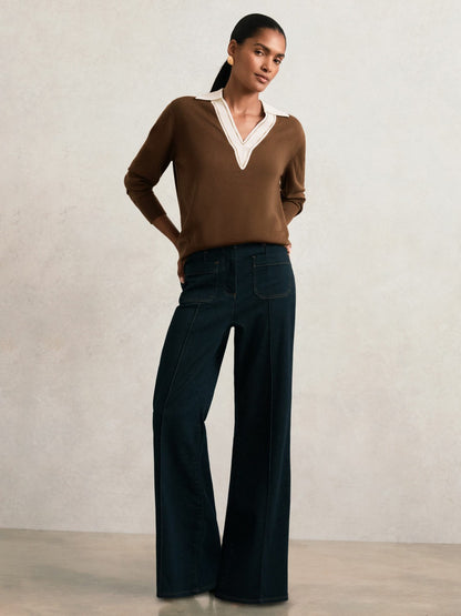 Wool Collared Cricket Jumper in Chocolate Brown/Ivory | Reiss Women Recommended