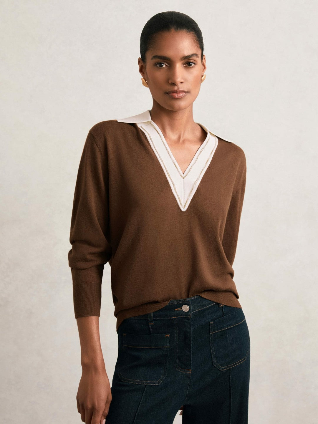 Wool Collared Cricket Jumper in Chocolate Brown/Ivory | Reiss Women Recommended
