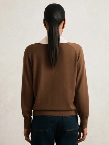 Wool Collared Cricket Jumper in Chocolate Brown/Ivory | Reiss Women Recommended