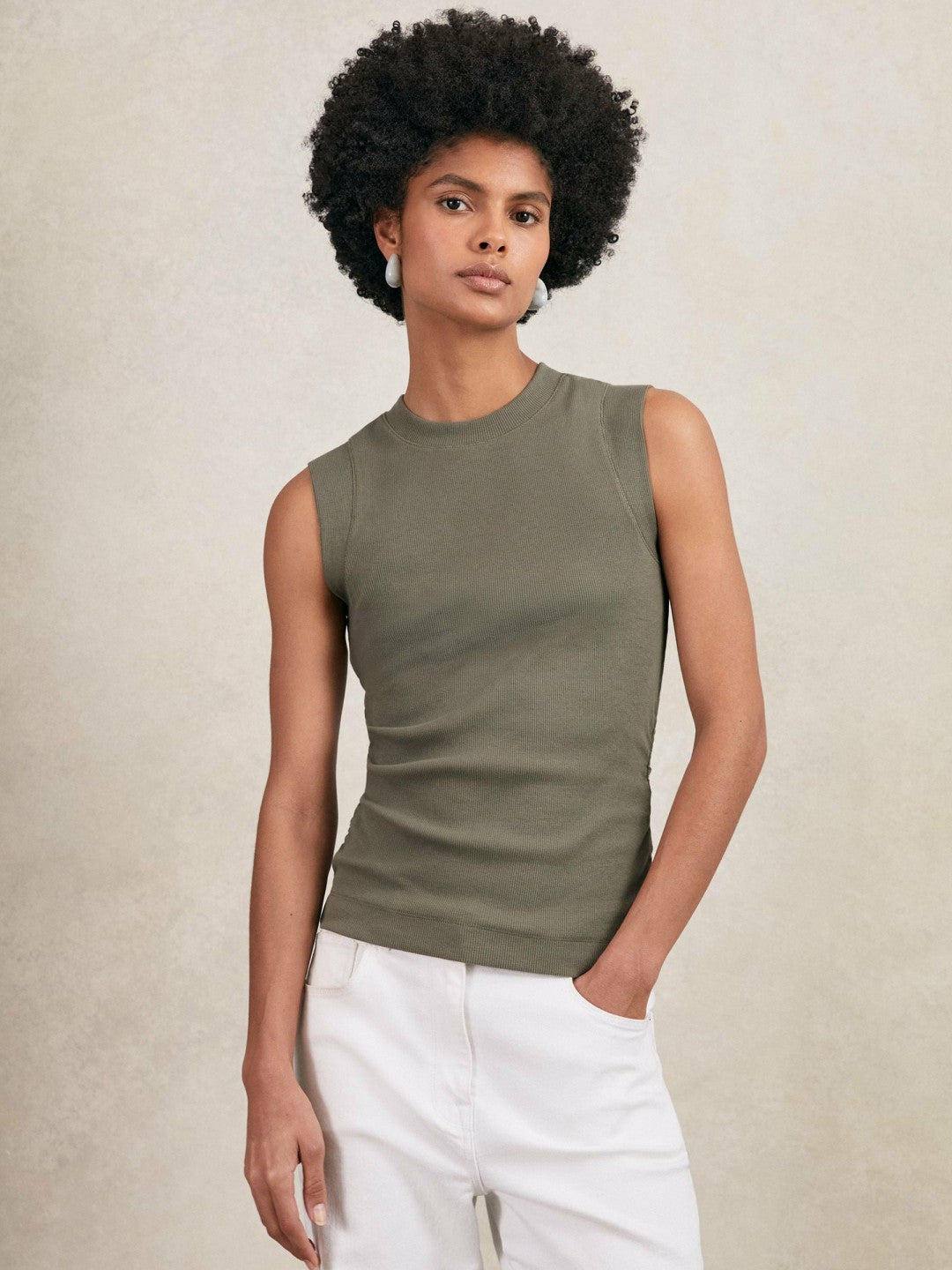 Ribbed Ruched Waist Vest in Khaki Green | Reiss Women Popular